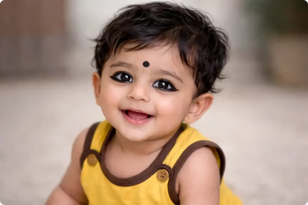 बच्चों की आँखों में काजल लगा हुआ दिखाया गया है