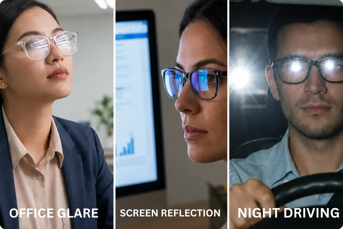 Anti-Glare Glasses पहने हुए व्यक्ति की तस्वीर जो स्क्रीन से आंखों की सुरक्षा को दर्शाती है।